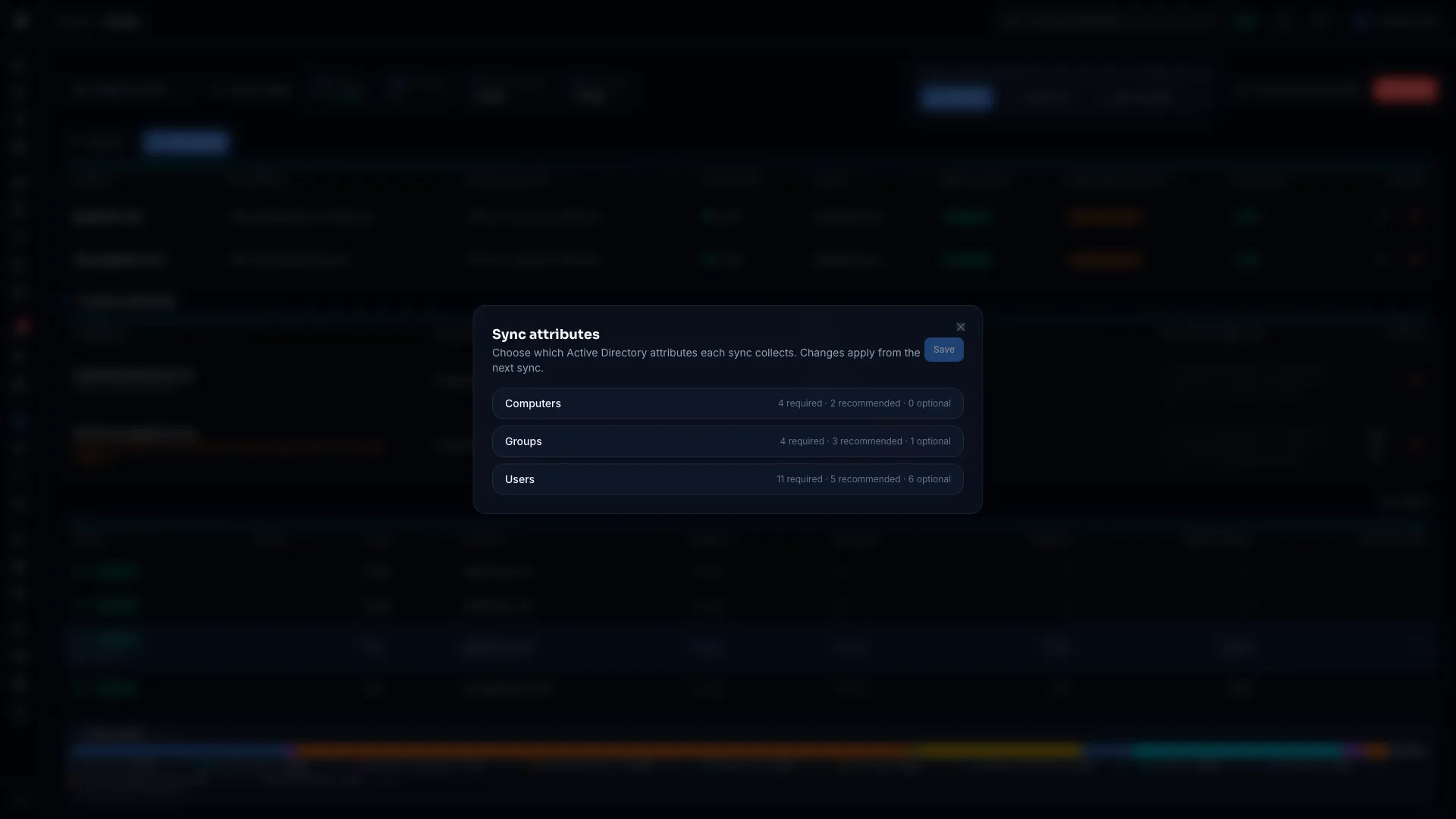 Sync attributes dialog with the Users group expanded to show its Required, Recommended and Optional attributes