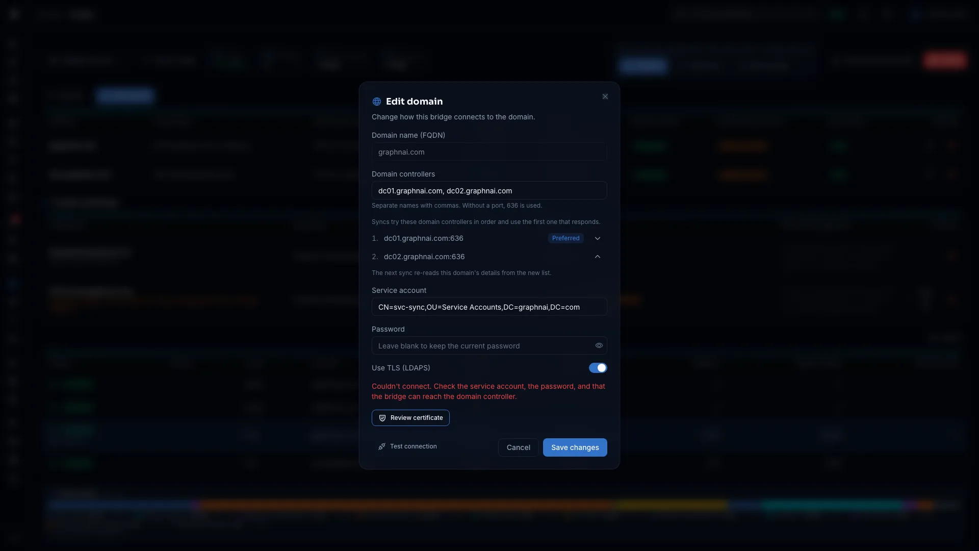 A failed connection test with a certificate error and the Review certificate button