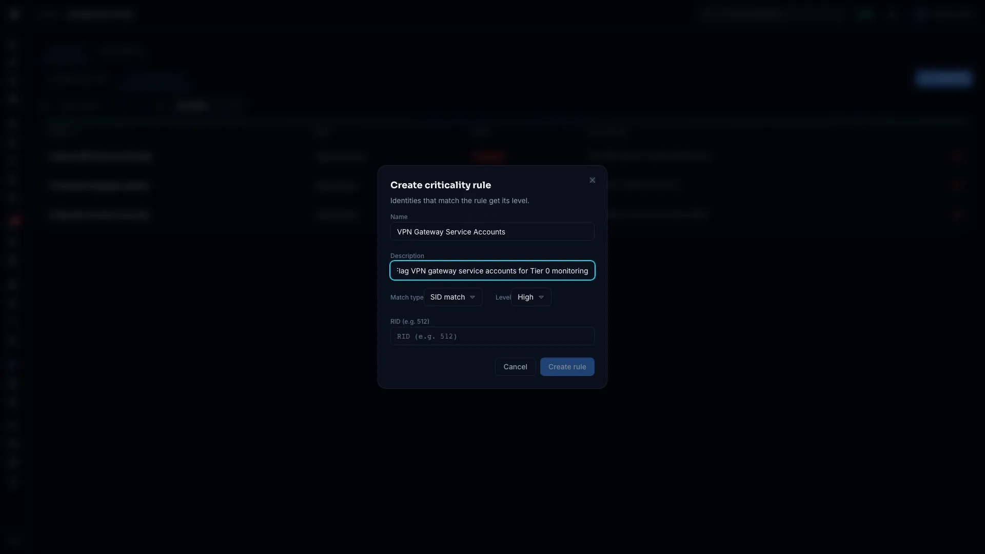 Create criticality rule dialog with the name, description, match type and level fields