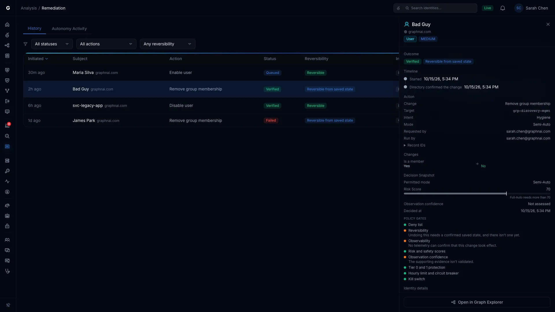 The receipt flyout for a verified Remove group membership action, with its outcome, action, timeline, changes, and decision snapshot sections