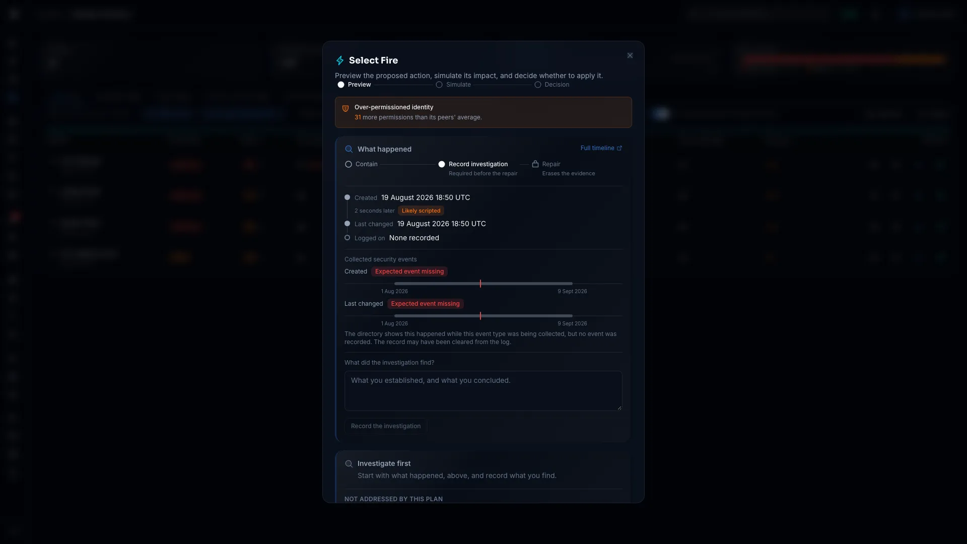 The What happened panel with Record investigation as the current step, Repair locked, the directory history, and two collected-event strips showing Expected event missing
