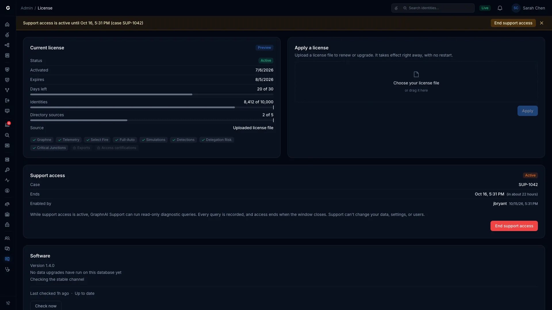 Support access active, showing the case and expiry