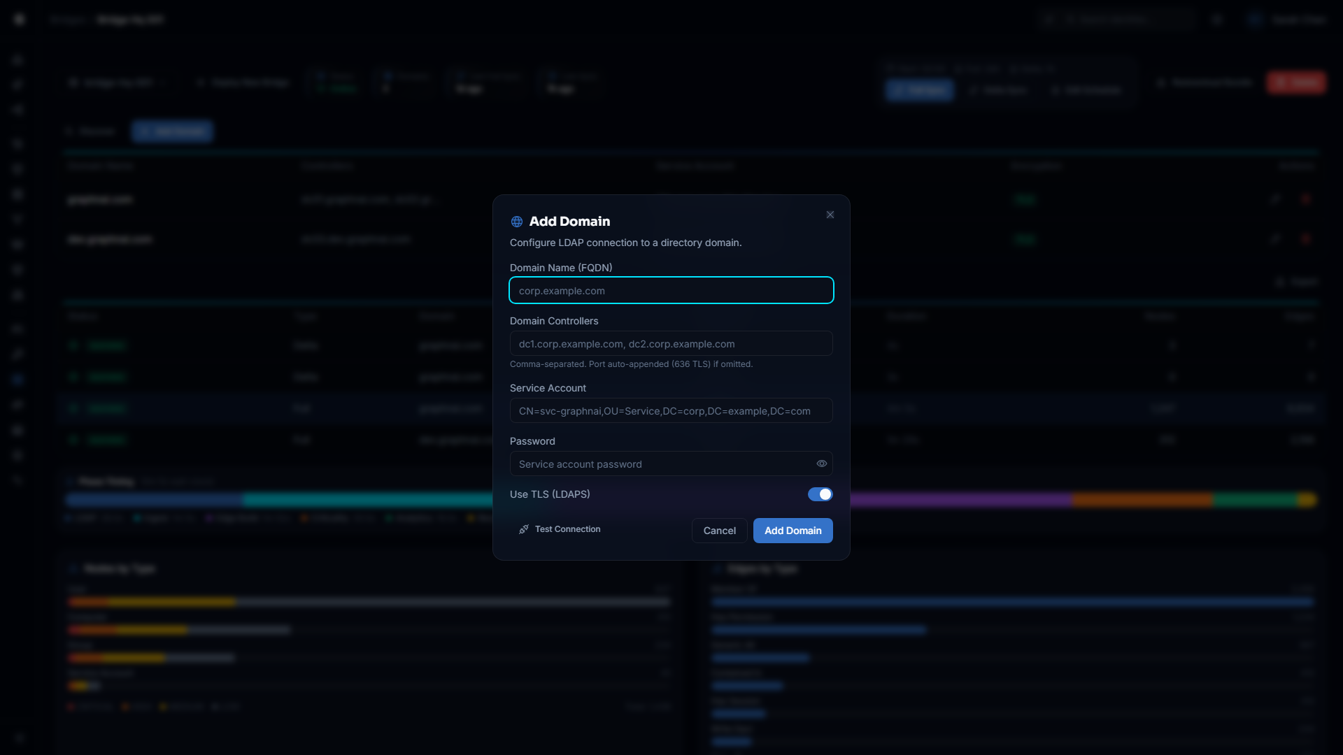Add domain form with fields for domain name, controllers, and credentials