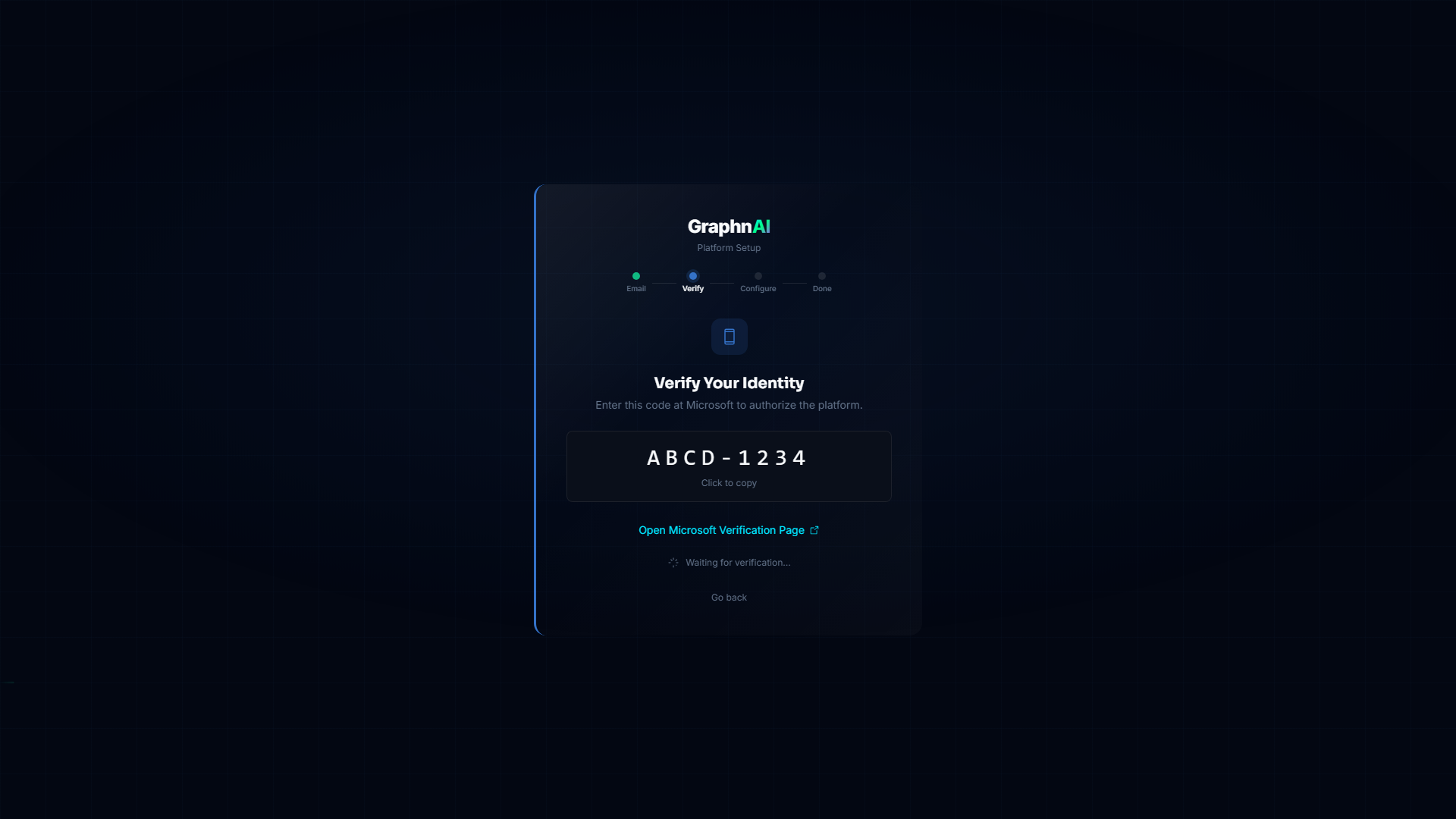 Setup wizard showing device code for Microsoft authentication