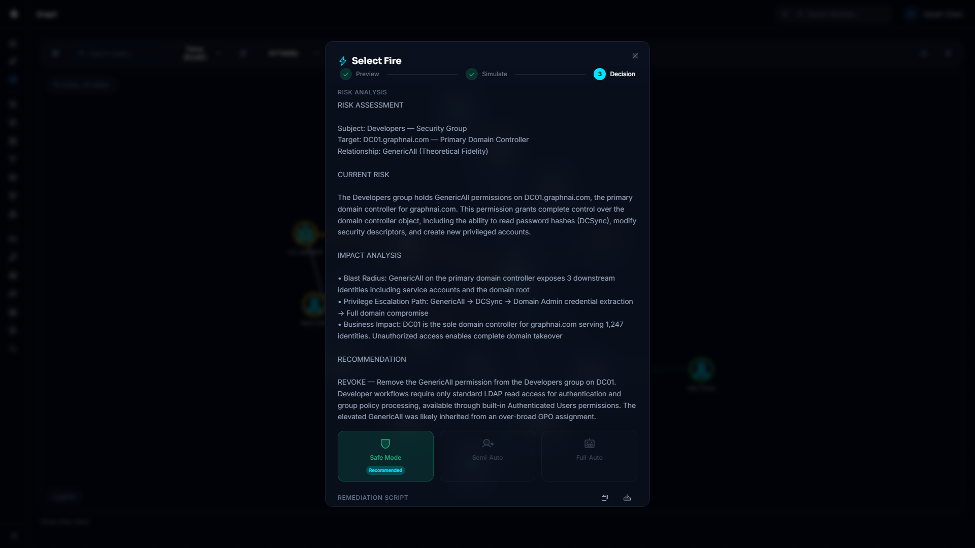 Select Fire Decision step showing risk assessment, AI-generated remediation script, and execution mode selection